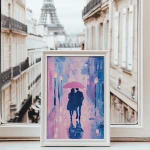 Romantic Rainy Walk Art, Rainy City Painting, Parisian Street Art, Printable Rainy Day Wall Art