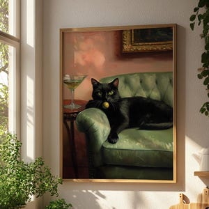 Black Cat Bar Cart Art, Martini Olive Poster, Funny Home Decore, Cocktail Wall Art, Moderne poster