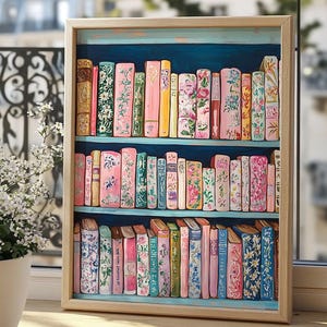 Whimsical bookshelf in pastel shades, vintage book inspired art, reading nook decor, book lover gift, colorful books print