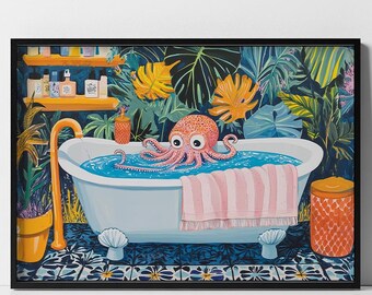 Octopus in a bathtub surrounded by tropical plants, funny bathroom wall art