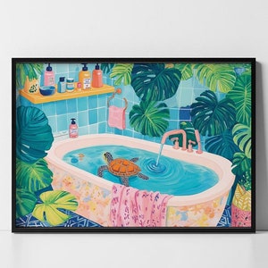 Turtle in a bathtub funny poster, tropical bathroom decor, colorful wall art