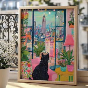 Black cat in a New York apartment, Travel poster, nyc skyline, city poster, nyc painting