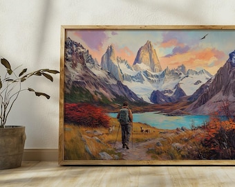 Pantagonia painting, torres del paine art, chile poster, hiking themed art