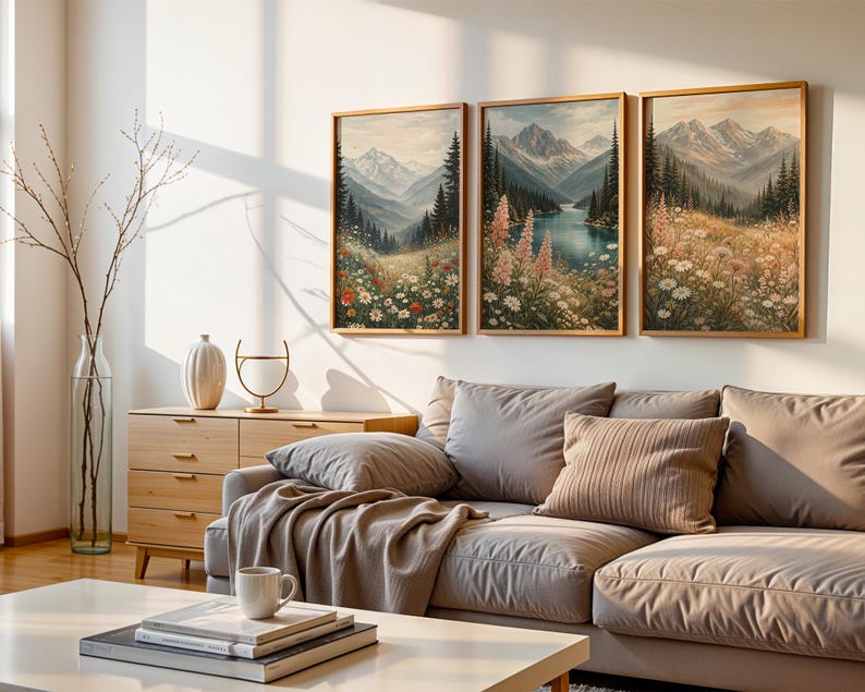 May include: Three framed landscape paintings depicting mountain scenes with colorful wildflowers and a lake. The artwork is displayed above a gray sectional sofa with throw pillows and a blanket. A wooden cabinet and coffee table are in the foreground.