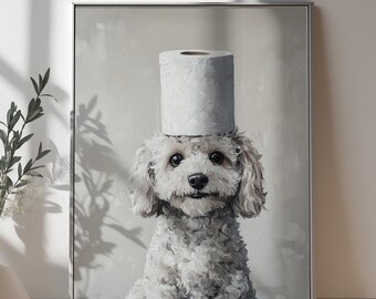 May include: A framed artwork featuring a white poodle with a roll of toilet paper balanced on its head. The dog has a fluffy, curly coat and dark eyes. The background is a muted gray, and the frame is silver.