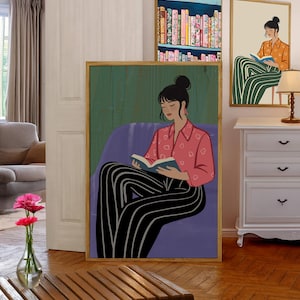 Arte moderno de mujer leyendo en verde esmeralda, ilustración dibujada a mano, arte figurativo, arte ecléctico, regalo literario, diseño minimalista a rayas.