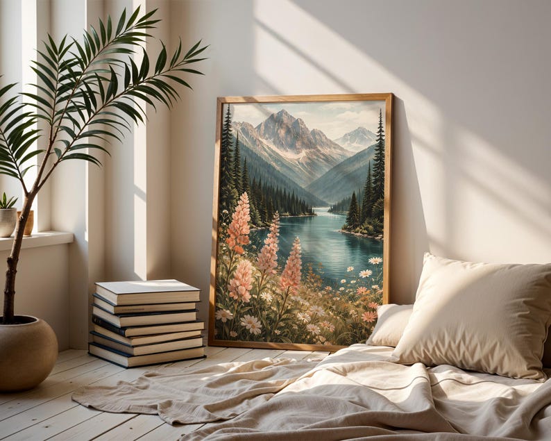 May include: A framed landscape painting depicts a serene mountain lake scene. The artwork features a wooden frame, a blue lake, snow-capped mountains, and colorful wildflowers. A stack of books and a decorative plant are in the foreground.