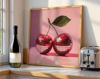 Disco Ball Cherries, Disco Cherry Print, Retro disco Ball Cherry, Trendy Room Decor, Downloadable Art