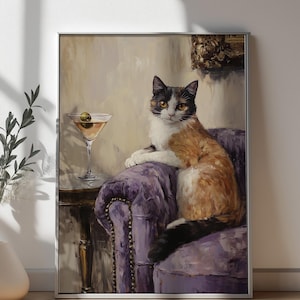 Calico Cat Bar Cart Art, poster Martini Olive, grappig huisdecor, cocktailmuurkunst, poster moderne