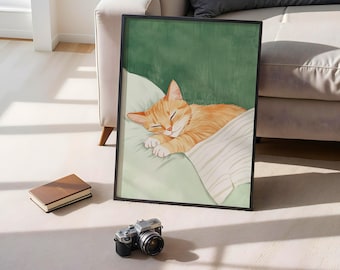 Emerald Green Aesthetic Print, Cat Sleeping Wall Art Print, Sleeping Cat Painting Gifts for Mom, Trendy Orange Cat Room Decor, Digital Art