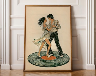 Romantic Couple Dancing Wall Art | Vinyl Record Love Illustration | Retro Music Print | Anniversary Gift Art