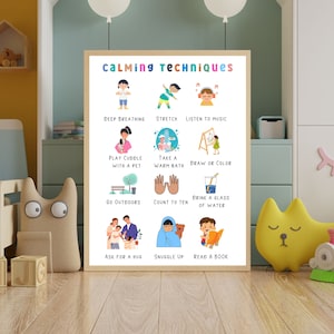 Técnicas calmantes imprimibles para niños, rincón calmante, técnica de conexión a tierra, habilidades de afrontamiento, tabla de sentimientos, herramientas de terapia, tabla de estrategias