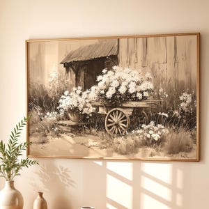 Rustykalna stodoła i stodoła na ścianie – vintage sepia kwiatowy nadruk wiejski, wystrój wiejskiego domku, pobieranie cyfrowe