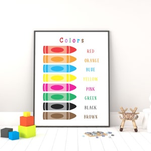 Colores Cartel educativo Montessori Impresión para niños pequeños Aula Decoración Hogar Escuela Niños Descarga digital Crayones Colores Cartel imprimible