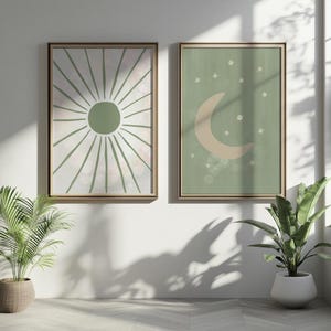 Sage green Wall Art, Hand-painted two piece wall art, sun moon wall art set of 2