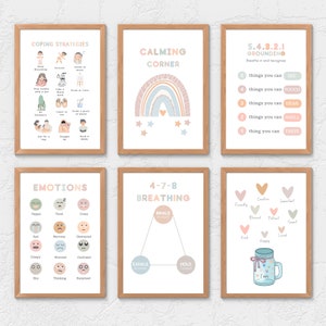 Carteles de esquina calmantes imprimibles, tabla de afirmaciones, sentimientos y emociones, técnicas de afrontamiento, decoración psicodélica de la escuela en el hogar, decoración de la oficina de terapia