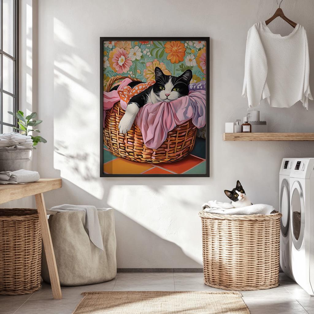 Cat in a Laundry Basket, Colorful Wall Art, Tuxedo Cat Painting Gifts ...