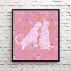 Cheetah Preppy Wall Art, Hand drawn Art, Dorm Room Decor, Dopamine Decor, Maximalist Wall Art, Coquette Room Decor, Light Pink Wall Art