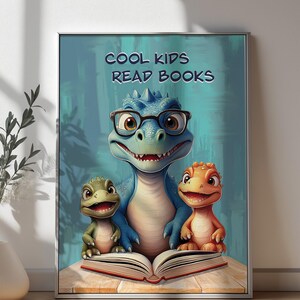 Niños geniales leen libros Dinosaurios leyendo libros Arte de pared