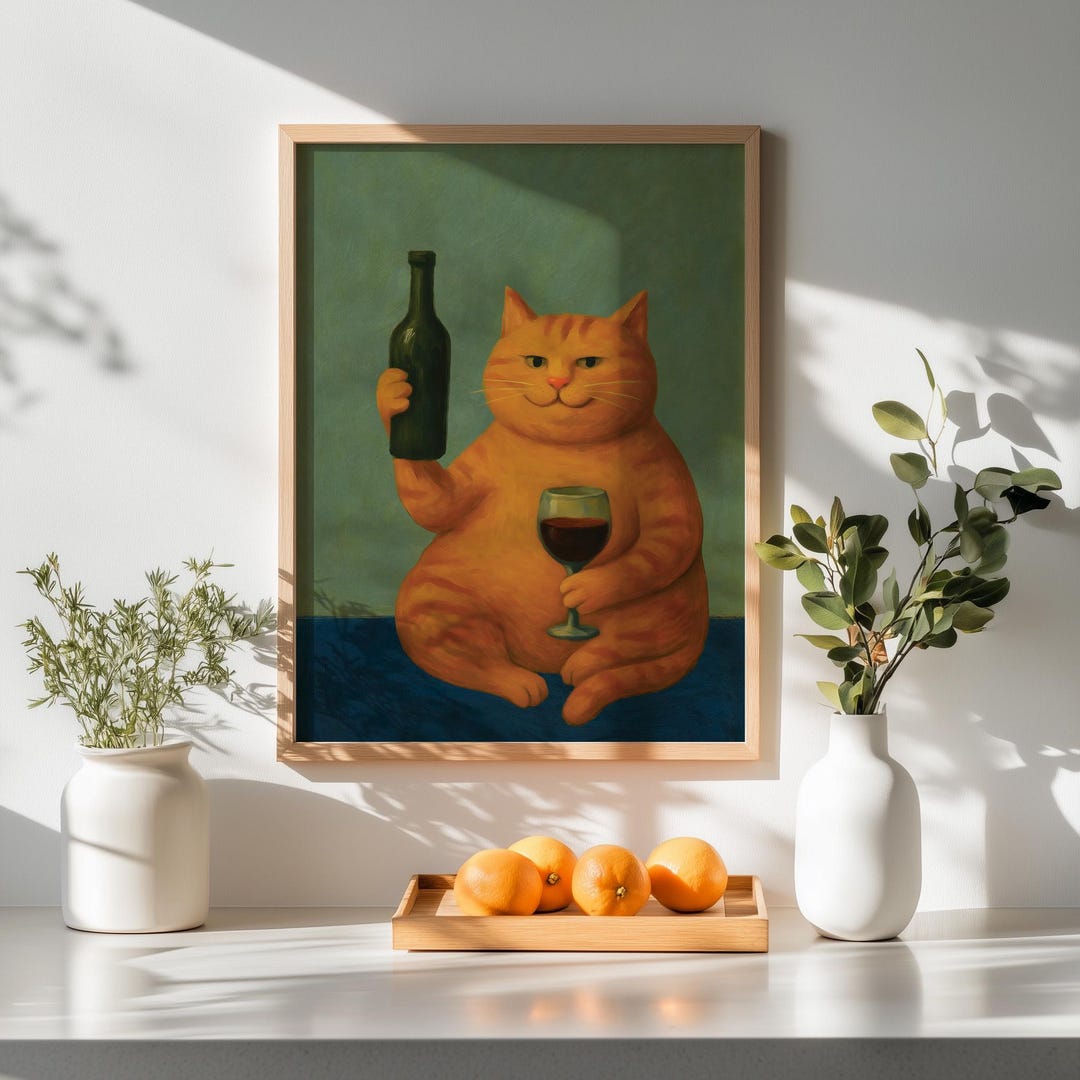 Fat Orange Cat With Wine – Funny Digital Art Print, Whimsical Cat Wall ...