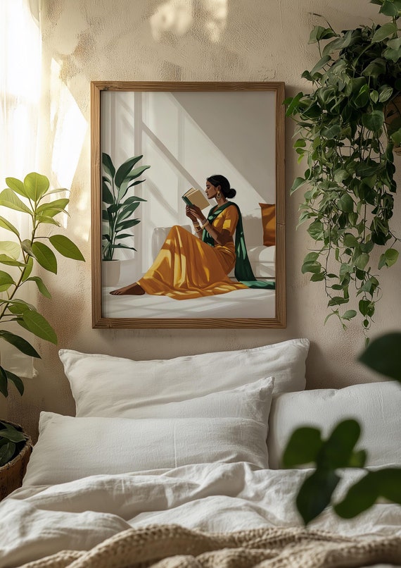 Indian Art, Indian Woman Art, Book Lover Gift, Indian Home Decor, Traditional Wall Art