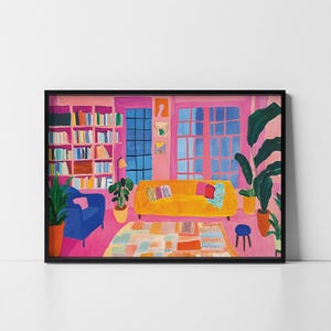 Puede incluir: Una ilustraci&oacute;n colorida de una sala de estar con un sof&aacute; amarillo, un sill&oacute;n azul, una estanter&iacute;a y plantas. Las paredes son rosas y las ventanas son azules. El suelo est&aacute; cubierto con una alfombra de patrones coloridos.