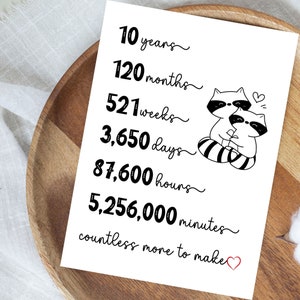 Tarjeta divertida del décimo aniversario, regalo de aniversario de hojalata, linda tarjeta de aniversario, tarjeta de gato 10 aniversario, regalo para él, regalo para su pareja