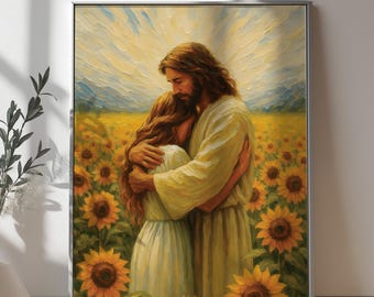 May include: A framed painting depicts two figures embracing in a field of sunflowers. The figures are dressed in flowing robes, with warm yellow and orange tones dominating the scene. The background features a bright, radiant light.