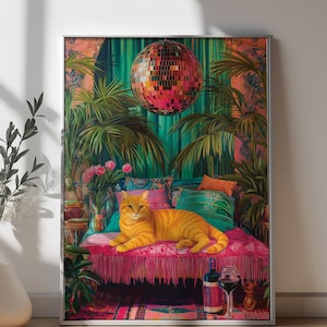 ディスコキャットラウンジプリント - レトロな猫のデジタルウォールアート、ファンキーなボヘミアン風インテリア、面白い動物プリント、トロピカルな70年代風ルームバイブ、すぐにダウンロードできます