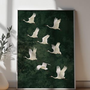 Poster di uccelli gru, dipinto di gru giapponese, opera d'arte Greenwall, decorazione murale Japandi, arte di stormi di uccelli, stampa di gru antica