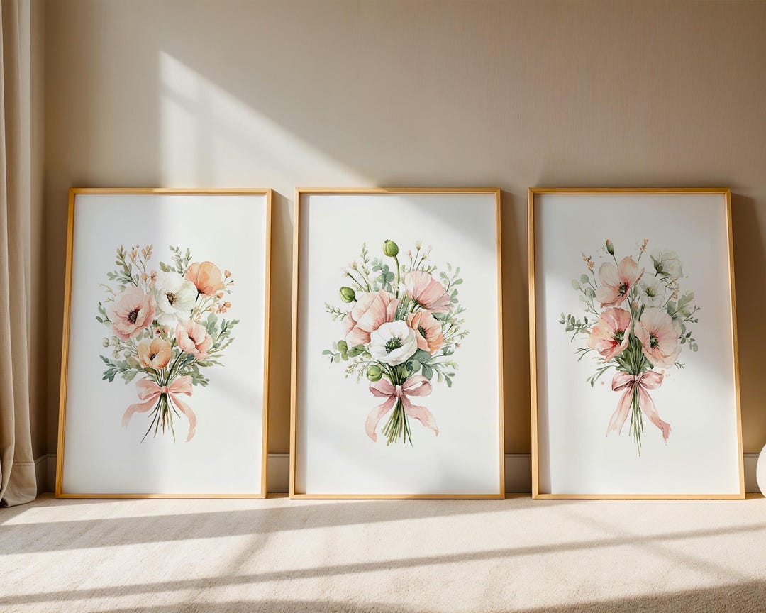 Peach Blush Watercolor Floral Bouquet Wall Art Set of 3 | Nursery ...