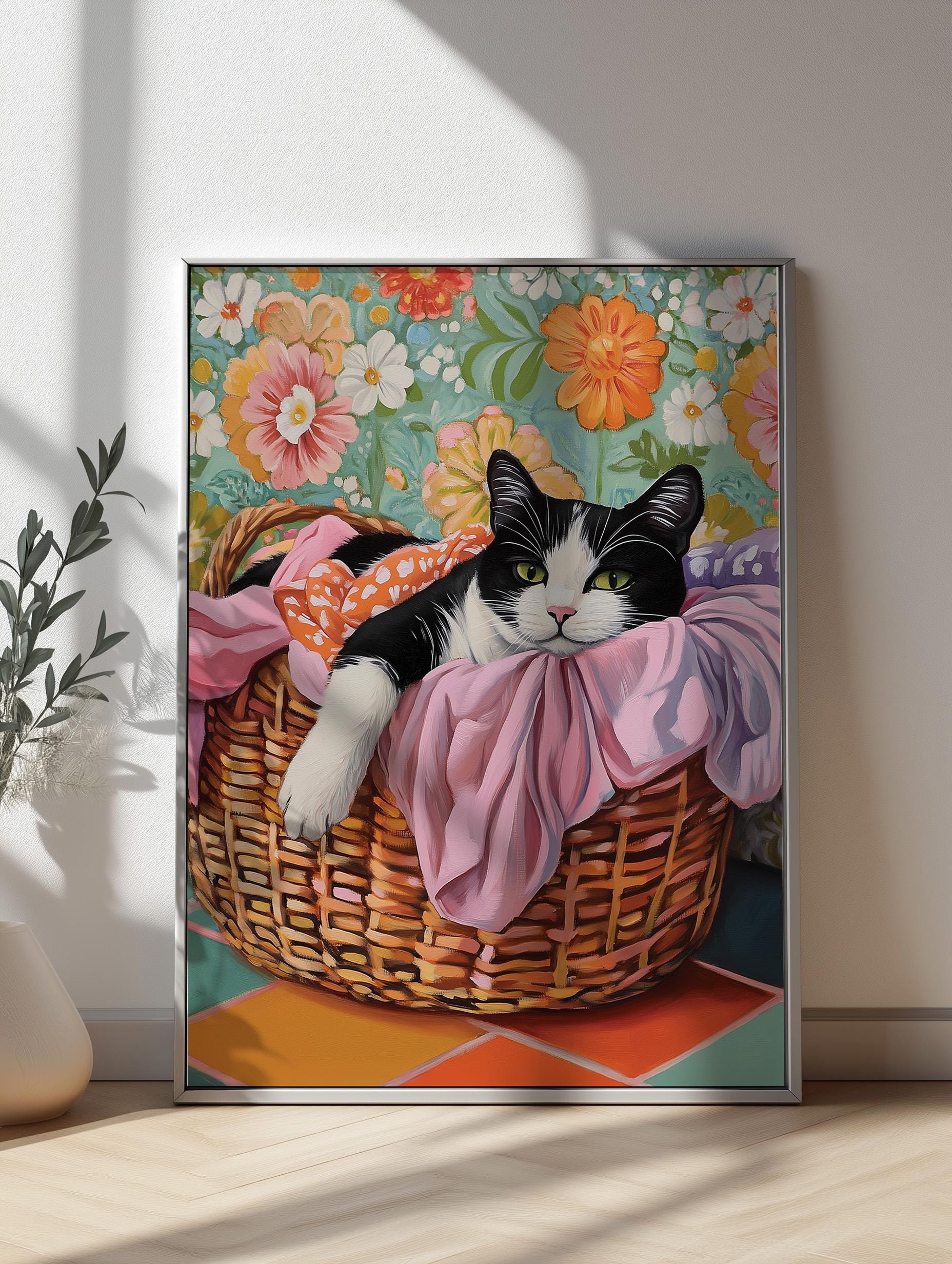 Cat in a Laundry Basket, Colorful Wall Art, Tuxedo Cat Painting Gifts ...
