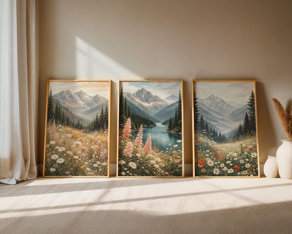 Mountain Landscape Wall Art Set of 3 Printable | Nature Gallery Wall Art | Wildflower Meadow & Lake Prints | Boho Sunset Printable Art