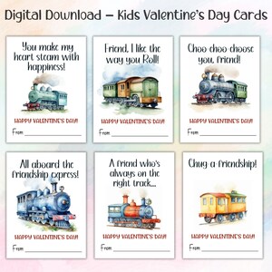 Tarjetas de San Valentín con trenes para imprimir, tarjetas de San Valentín para preescolar, regalos para el aula de San Valentín, tarjetas imprimibles para el aula de niños, descarga instantánea
