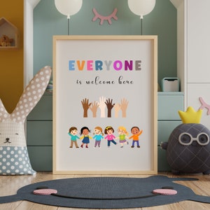 Todos son bienvenidos aquí Arte imprimible, Decoración del aula de igualdad, Impresión de pared de diversidad, Cartel de la guardería, Cartel de igualdad