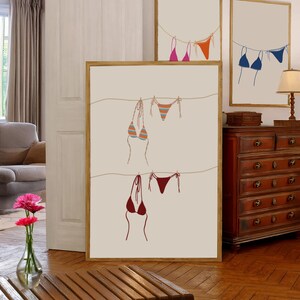 Red and Striped Bikini Print, Printable Pink Blue Bikini Art, Coastal Cowgirl Print, Red Bathing Suit Poster