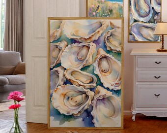 Oyster Watercolor Painting, Beachy room decor, Oyster Wall Art, Coastal Print, Beach Cottage Wall Art
