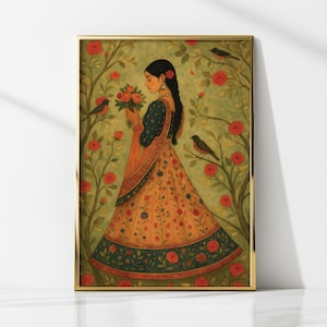 Indian Lady in Rose Garden, Mughal inspired wall art digital download, Vintage-Inspired Folk Illustration, Indian gallery wall decor