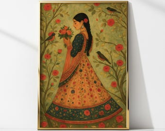 Indian Lady in Rose Garden, Mughal inspired wall art digital download, Vintage-Inspired Folk Illustration, Indian gallery wall decor