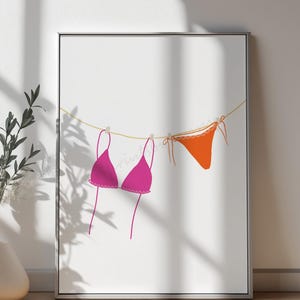 Bikini Print, Printable Pink Orange Bikini Art, Coastal Cowgirl Print, Hot Pink Bathing Suit Poster
