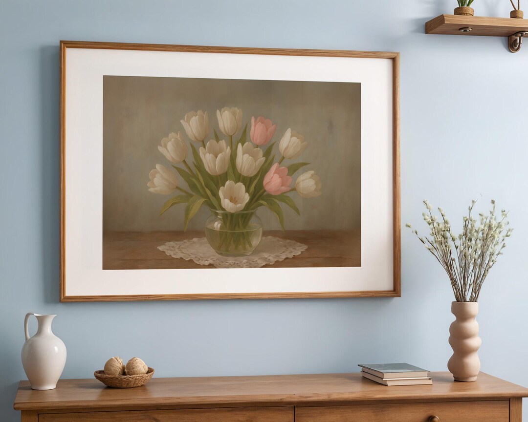 Tulip Bouquet in Vase Digital Wall Art – Vintage Floral Print, Soft ...