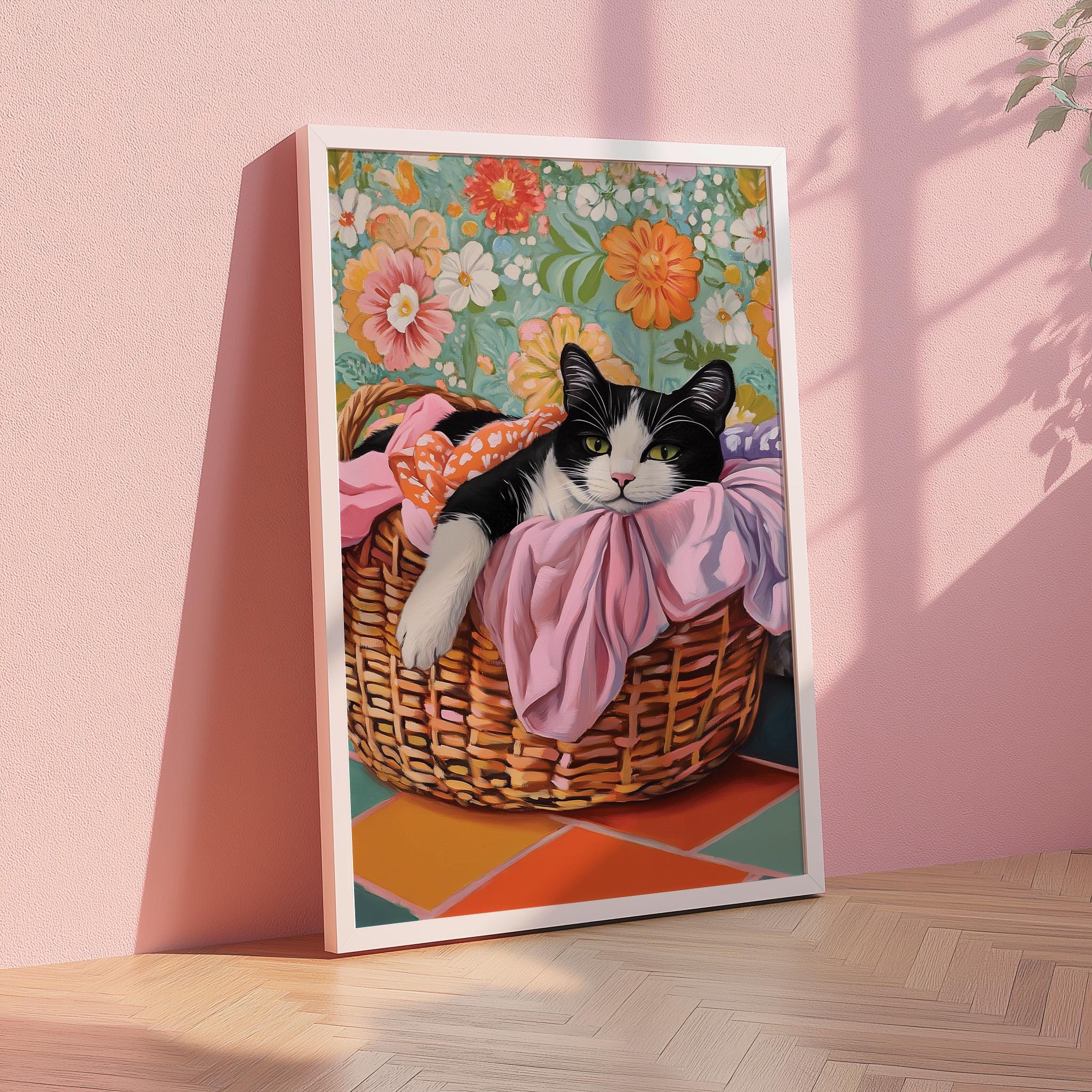Cat in a Laundry Basket, Colorful Wall Art, Tuxedo Cat Painting Gifts ...