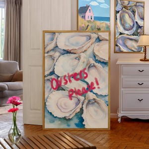 Oyster Watercolor Painting, Oysters Please Art, Beachy room decor, Oyster Wall Art, Coastal Print, Beach Cottage Wall Art