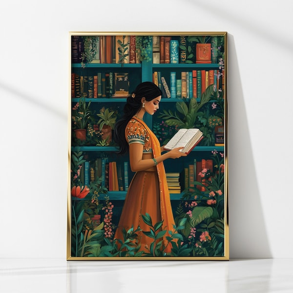 Regalo para amantes de los libros, arte de mujeres indias, decoración india para el hogar con temática de ratones de biblioteca, pintura india de una niña en una biblioteca.
