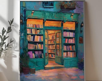 Vintage Bookshop aesthetic wall art, reading nook decor, book lover gift, a cozy bookstore print