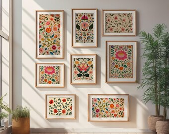 Indian Folk art set of 6 digital prints, Indian gallery wall decor, Poster bundle, Botanical Wall Art