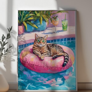 Cyperse kat aan het zwembad decor, barwagen kunst, cocktail poster, ontspannende kat print, esthetische poster, moderne poster