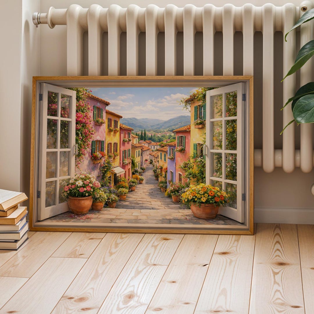 Italian Village Window View Art Print, Colorful European Street Wall ...