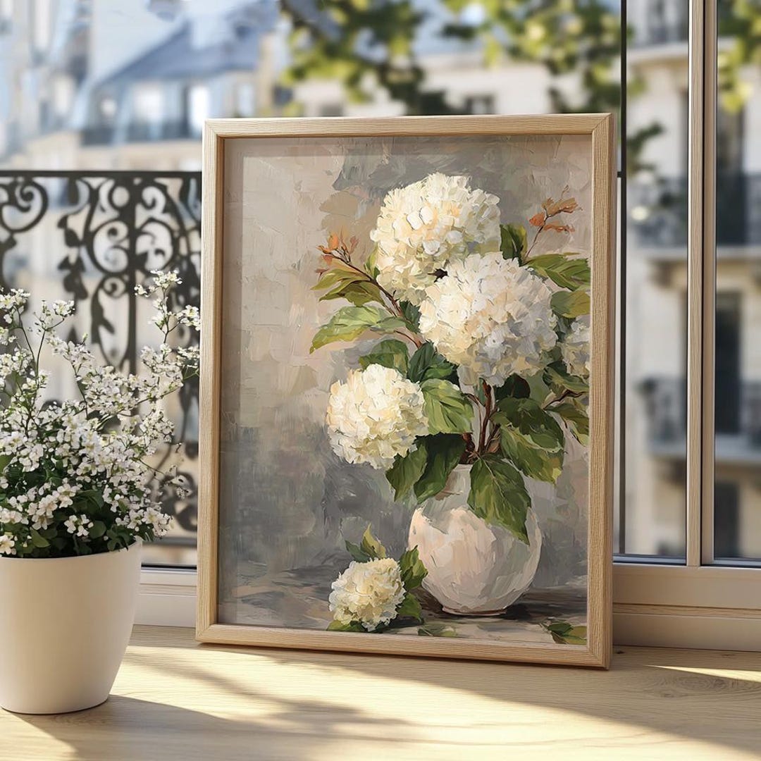 White Hydrangea Still Life Print – Moody Floral Oil Painting, Neutral ...