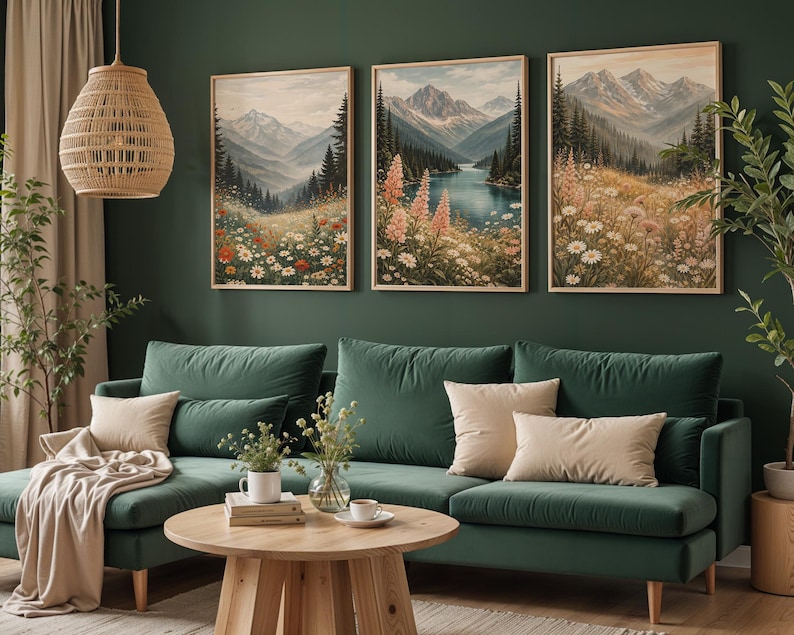 May include: Three framed landscape art prints depicting mountain scenes with wildflowers. The artwork features a color palette of greens, blues, and beige. A green velvet sofa and wooden coffee table are in the foreground.